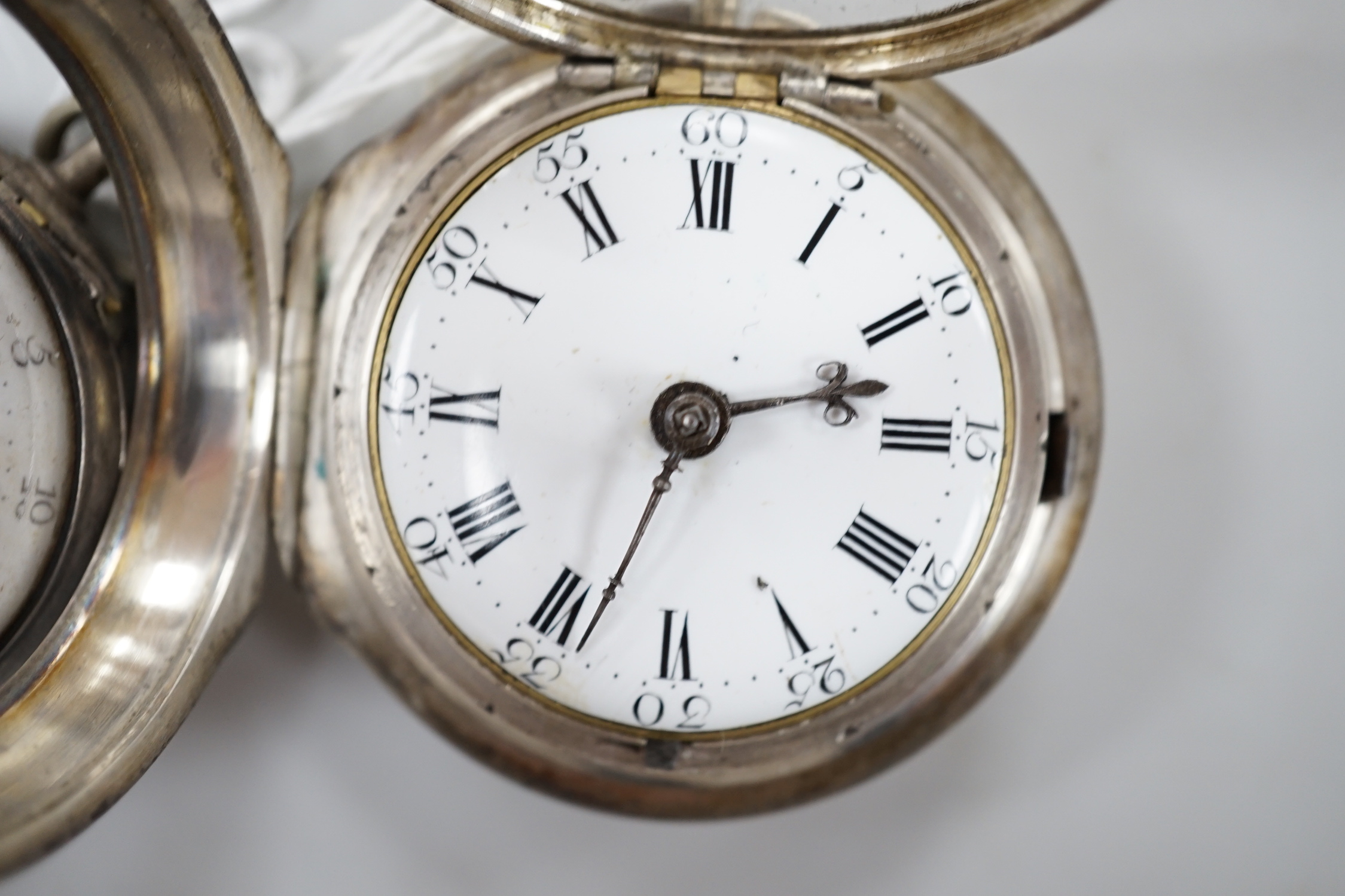 A George III silver pair cased keywind verge pocket watch by Sam King of Salop and one other silver pocket watch, lacking outer case.